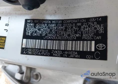 2014 Toyota Prius Two z USA, uszkodzony, nr VIN JTDKN3DUXE0370274